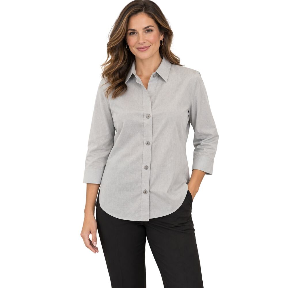 Foxcroft no iron shaped fit sz 6 grey 3/4 sleeve career casual button up EUC #